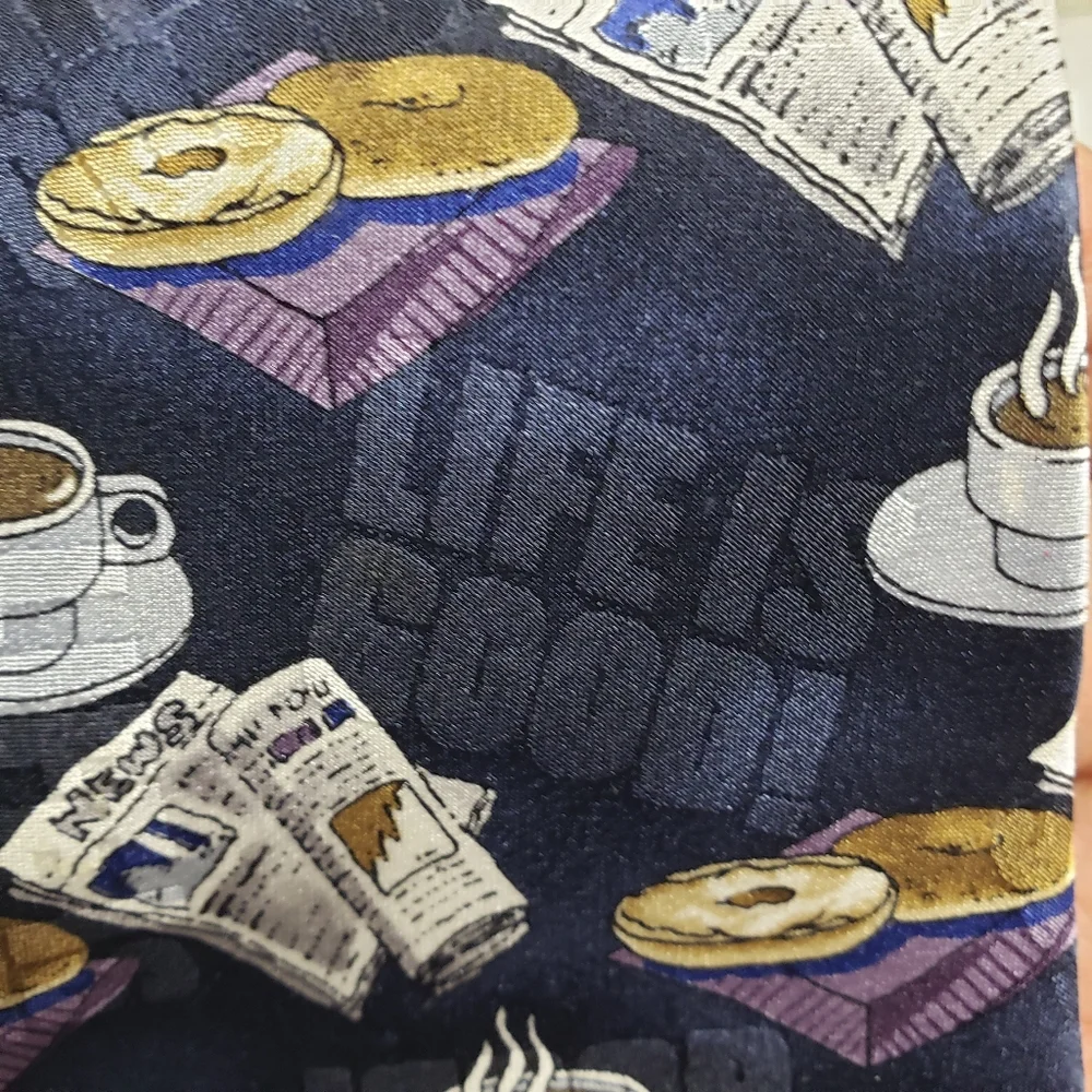 Sabatini Mens All Silk Tie Coffee Newspapers Bagel Life is Good Prints